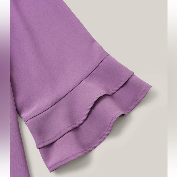 BloomChic Plus Size Solid Ribbon Tied Collar Bell Sleeve Blouse - Picture 4 of 6